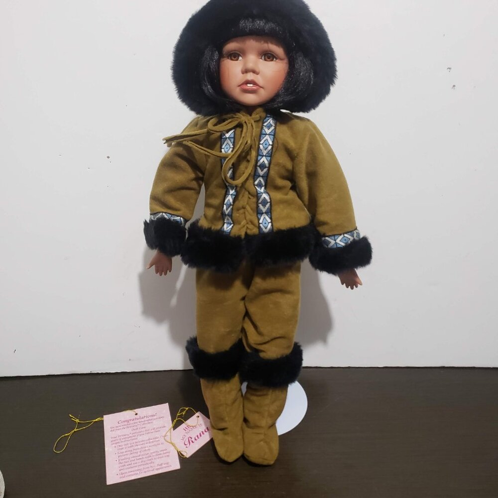 Vtg BRITTANY Handpainted Porcelain Doll RANA Eskimo w/Stand in Box 18"